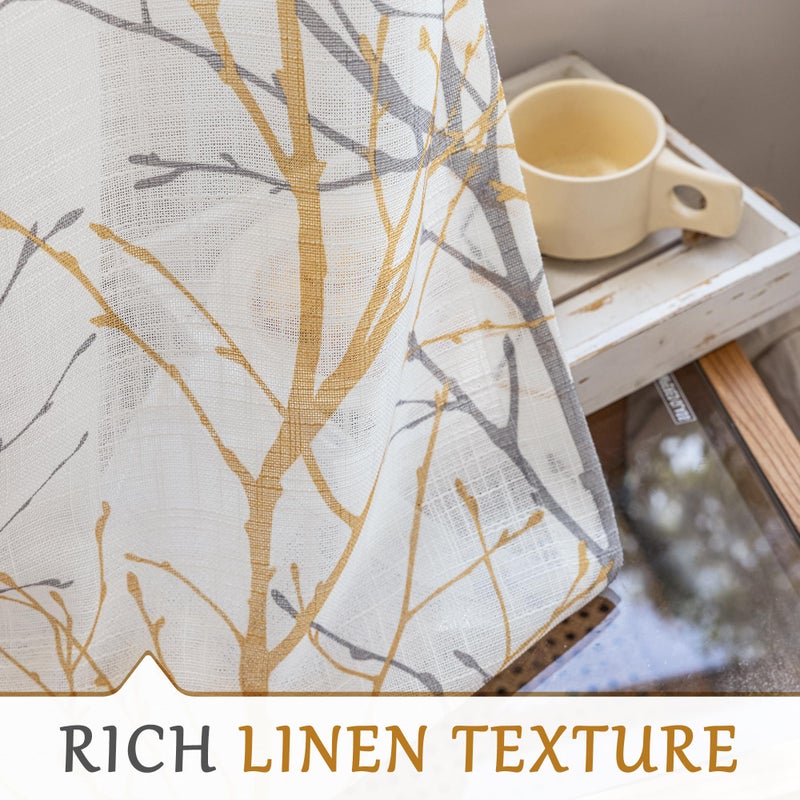 FMFUNCTEX Linen Semi Sheer Curtains for Bedroom, Yellow White Curtains 63 Inches Long for Living Room, Grey Tree Branch Print Curtain Light Filtering Farmhouse Window Drapes, Grommet Top 2 Panels - Image 4